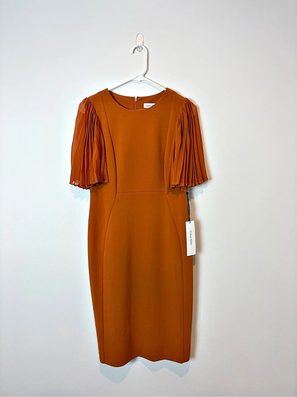Calvin Klein Pleated Sleeve Midi Dress in Burnt Orange Size 8 NWT